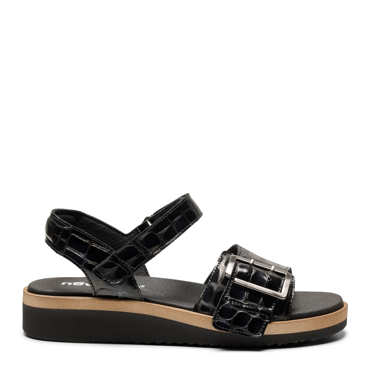 New Feet sandal med spænde, sort kroko lak, på sort sål