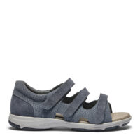 New Feet sandal med 3 velcroremme og hælkappe, blågrå ruskind.