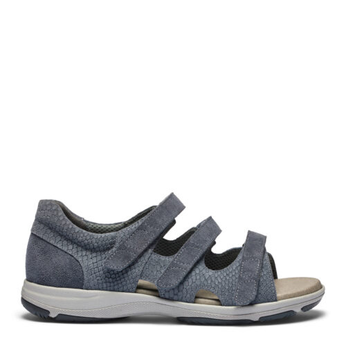 New Feet sandal med 3 velcroremme og hælkappe, blågrå ruskind.