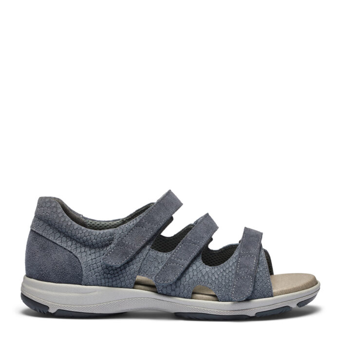 New Feet sandal med 3 velcroremme og hælkappe, blågrå ruskind.