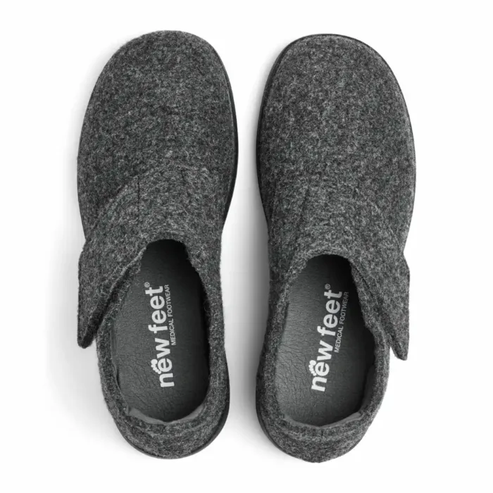 New Feet Dame hjemmesko med hælkappe og velcrorem i grå uld