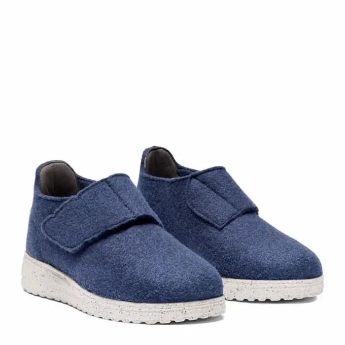 New Feet Dame hjemmesko med hælkappe og velcrorem i blå uld