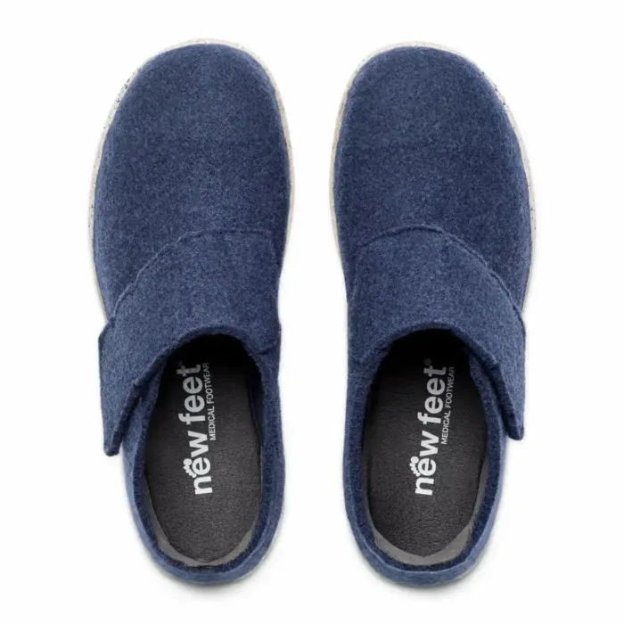 New Feet Dame hjemmesko med hælkappe og velcrorem i blå uld