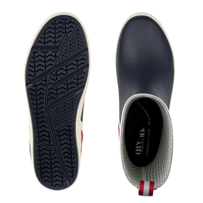 Green Comfort gummistøvle, unisex model i blå med rød på hælen og hvidt rundt sålen.