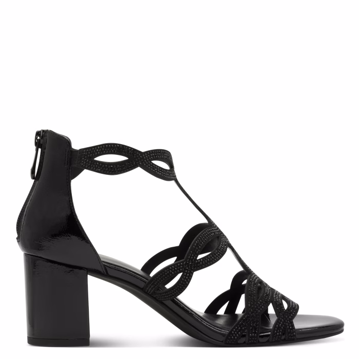 Marco Tozzi festsandal, med sort lak og glittersten, 6,5 cm høj, blokhæl