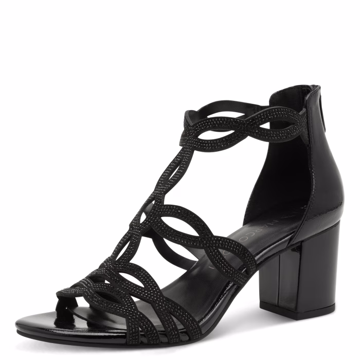 Marco Tozzi festsandal, med sort lak og glittersten, 6,5 cm høj, blokhæl