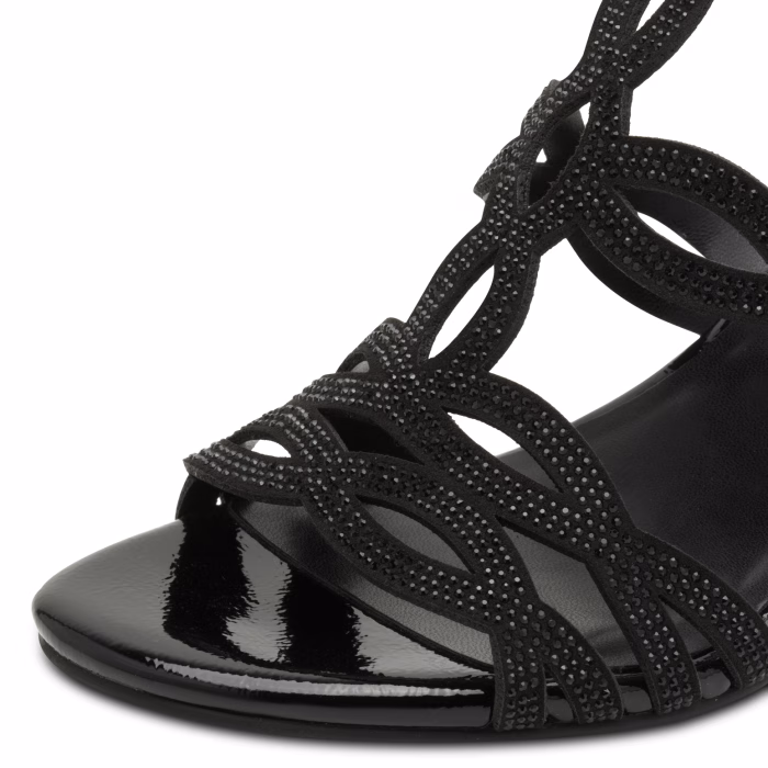 Marco Tozzi festsandal, med sort lak og glittersten, 6,5 cm høj, blokhæl