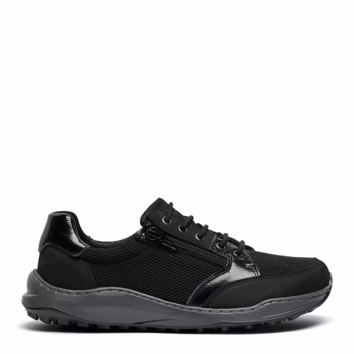 New Feet bred, tålige damesko i sort ruskind og mesh.